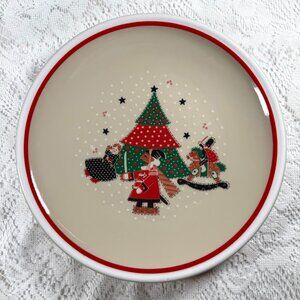 EPOCH “Holiday Joy” Dinner Plate - Red Band, Quilted Xmas Tree, Gray Stars & Toy
